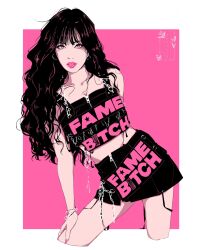 Rule 34 | 1girl, absurdres, aespa, artist name, black hair, black shirt, black skirt, border, bracelet, collarbone, commentary, crop top, earrings, english commentary, fashion, highres, hoop earrings, jewelry, k-pop, leaning to the side, long hair, looking at viewer, ningning (aespa), outside border, parted lips, pink background, pink lips, pink theme, profanity, real life, shanlieart, shirt, skirt, solo, star (symbol), white border