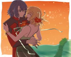 Rule 34 | 1boy, 1girl, athrun zala, blonde hair, blue hair, border, bracelet, cagalli yula athha, closed eyes, couple, cowboy shot, dress, flower, green dress, green eyes, gundam, gundam seed, hair flower, hair ornament, hetero, hug, jacket, jewelry, kimi88407604, long sleeves, military jacket, military uniform, open mouth, orange background, short hair, smile, white border