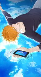 1boy absurdres backlighting black_shirt bleach blue_sky casual closed_eyes collarbone commentary_request cowboy_shot dutch_angle grey_pants highres holding holding_phone kuni_929 kurosaki_ichigo lying male_focus nose on_back orange_hair pants parted_lips phone rainbow reflection reflective_water ripples shirt short_hair sky smile solo spiked_hair twitter_username upside-down water water_drop