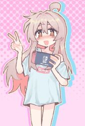 1girl ahoge blush highres holding nintendo_switch no_pants onii-chan_wa_oshimai! open_mouth oyama_mahiro pink_background shirt solo sunny_sakana v white_shirt