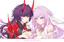 2girls absurdres armor bare_shoulders black_gloves breasts bridal_veil character_name chinese_commentary cleavage closed_mouth commentary_request diamond-shaped_pupils diamond_(shape) dress elysia_(herrscher_of_human:_ego)_(honkai_impact) elysia_(honkai_impact) eyeliner gloves highres honkai_(series) honkai_impact_3rd horns large_breasts long_hair long_horns looking_at_viewer makeup multicolored_hair multiple_girls portrait purple_eyes purple_hair purple_pupils raiden_mei raiden_mei_(herrscher_of_thunder) reaching reaching_towards_viewer red_eyeliner red_gloves red_horns shoulder_armor simple_background single_bare_shoulder smile streaked_hair symbol-shaped_pupils two-tone_gloves veil white_background white_dress white_gloves white_veil wu_hai