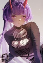 1girl alternate_costume artist_logo artist_name black_bra black_shirt bra breasts chest_belt cleavage commentary fishnet_top fishnets hashtag-only_commentary honkai_(series) honkai_impact_3rd horns large_breasts logo long_hair long_sleeves mofumanju purple_eyes purple_hair raiden_mei raiden_mei_(herrscher_of_thunder) red_horns shirt solo underwear