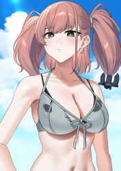 1girl akagi_kurage anchor_hair_ornament atlanta_(kancolle) atlanta_(swimsuit)_(kancolle) beach bikini blue_sky blush breasts brown_hair cleavage collarbone day earrings grey_bikini hair_ornament highres jewelry kantai_collection large_breasts layered_bikini long_hair looking_at_viewer outdoors side-tie_bikini_bottom sky star_(symbol) star_earrings swimsuit two_side_up