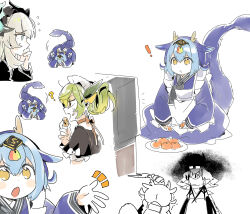 ! 3_ma_me 4girls ? angry apron blue_eyes chamber_dragonmaid chocolate_chip_cookie cookie dragon_girl dragon_horns dragon_tail duel_monster eastern_dragon_horns food frilled_apron frills fruit green_eyes green_hair hair_between_eyes highres holding holding_food horns house_dragonmaid laundry_dragonmaid long_sleeves maid maid_apron maid_headdress mandarin_orange mixed_maids multiple_girls open_mouth parlor_dragonmaid plate puffy_short_sleeves puffy_sleeves short_hair short_sleeves short_twintails simple_background sitting sweatdrop tail television twintails wa_maid watching_television white_apron white_background white_hair yellow_eyes yu-gi-oh!