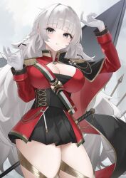 1girl azur_lane belt black_dress braid breasts cape cleavage closed_mouth corset cowboy_shot detached_sleeves dress epaulettes gloves gold_trim green_cape grey_eyes grey_hair hands_up highres italian_flag jacket large_breasts long_hair long_sleeves looking_at_viewer red_jacket scabbard sheath shian-chu short_dress side_braids simple_background smile solo standing sword teeth thick_thighs thighhighs thighs very_long_hair vittorio_veneto_(azur_lane) weapon white_background white_gloves