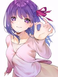 Rule 34 | 1girl, :d, blush, cardigan, cherry blossoms, collarbone, fate/stay night, fate (series), floating hair, foreshortening, hair ribbon, highres, holding, holding petal, looking at viewer, matou sakura, open mouth, petals, pink cardigan, purple eyes, purple hair, ribbon, simple background, smile, solo, tanka kikurage, twitter username, upper body, white background