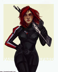 Rule 34 | 1girl, commander shepard, commander shepard (female), frostmdl, gun, holding, holding weapon, mass effect (series), n7 armor, red hair, rifle, solo, solo focus, tumblr, tumblr username, weapon