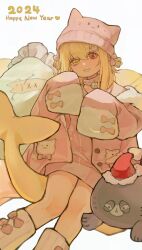 Rule 34 | 1girl, animal collar, animal hat, animal print, bilibili 2014677, blonde hair, bow, cat hat, cat print, chinese commentary, coat, collar, commentary request, doll, facing viewer, fins, fish print, fish tail, hair between eyes, hands up, happy new year, hat, heterochromia, highres, indie virtual youtuber, kaofish, legs, long bangs, looking at viewer, name tag, new year, nightcap, pillow, pink coat, pink sweater, red eyes, shark tail, simple background, sitting, sleeves past fingers, sleeves past wrists, socks, stuffed toy, sweater, tail, timestamp, white background, white socks, yellow eyes