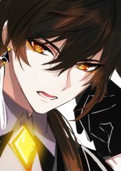 1boy black_gloves black_hair brown_hair close-up collar collared_shirt earrings genshin_impact gloves glowing hair_between_eyes jewelry long_hair looking_at_viewer male_focus multicolored_hair ponytail shirt simple_background single_earring solo sssss2222 symbol-shaped_pupils tassel tassel_earrings white_background yellow_eyes zhongli_(genshin_impact)