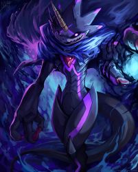 1boy artist_name belt cape claws digimon digimon_(creature) digimon_ghost_game energy energy_ball evil_grin evil_smile gem glowing glowing_eyes grin gulusgammamon hand_up horns no_humans nurinaki open_mouth sharp_teeth signature single_horn smile teeth