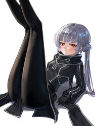 1girl arm_support black_gloves black_pantyhose blunt_bangs blush gloves grey_hair highres hime_cut looking_at_viewer military_uniform pantyhose pelvic_curtain red_eyes scarf sidelocks sky_striker_ace_-_roze triangle_del twintails white_background yu-gi-oh!