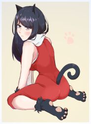 Rule 34 | 1girl, animal ears, ass, black hair, blush, breasts, cat ears, cat girl, closed mouth, commentary request, cookie (touhou), dress, from behind, full body, hakurei reimu, highres, kemonomimi mode, large breasts, long hair, looking at viewer, looking back, nanariku, paw print, paw print background, paw shoes, red eyes, scarf, shiromiya rei, simple background, sleeveless, sleeveless dress, solo, swept bangs, touhou, white scarf, yellow background