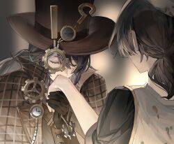 2boys analog_clock apron beret black_gloves black_hair black_shirt blurry blurry_background bochishiraita clock closed_eyes gears gloves hat highres holding_hands hong_lu_(project_moon) kiss kissing_hand limbus_company low_ponytail male_focus monochrome multiple_boys outstretched_hand plaid_clothes ponytail project_moon ring_(identity)_(project_moon) shirt top_hat yi_sang_(project_moon) yurodiviye_(identity)_(project_moon)