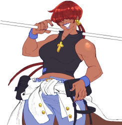1girl 1shermieaday breasts cross dark-skinned_female dark_skin earrings female_focus gold heart jewelry long_hair medium_breasts pants ponytail red_hair shermie_(kof) shirt sleeveless smile staff standing tan tank_top the_king_of_fighters thighs twintails wide_hips