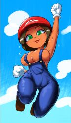 Rule 34 | 1girl, :p, armpits, blue overalls, blue sky, breasts, brown hair, brown shoes, cleavage, cloud, cosplay, dark-skinned female, dark skin, day, gloves, green eyes, hat, highres, jumping, large breasts, looking at viewer, maria (miitopia), mario, mario (cosplay), mario (series), midair, mii (nintendo), miitopia, minuspal, naked overalls, nintendo, no bra, no shirt, overalls, shoes, short hair, sideboob, sky, smile, solo, sweat, sweatdrop, tan, thick thighs, thighs, tongue, tongue out, topless female, white gloves, wide hips
