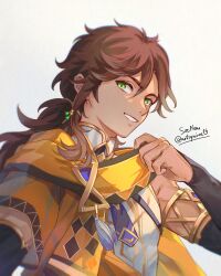 Rule 34 | 1boy, artist name, brown hair, commentary, english commentary, genshin impact, green eyes, hair behind ear, hair between eyes, highres, holding, holding unworn clothes, holding unworn scarf, male focus, parted lips, ponytail, portrait, scarf, sethos (genshin impact), shirt, sleeveless, sleeveless shirt, smile, soc nau, solo, twitter username, unworn scarf, white shirt, yellow scarf