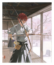 1boy absurdres archery arrow_(projectile) between_fingers black_hakama border bow_(weapon) ceiling cherry_blossoms closed_mouth cowboy_shot day ensemble_stars! gloves hakama highres holding holding_arrow holding_bow_(weapon) holding_weapon indoors japanese_clothes kyuudou light_particles male_focus petals red_hair short_hair short_sleeves shule_de_yu sideways_glance single_glove solo_focus standing suou_tsukasa tree veranda weapon wind wooden_floor