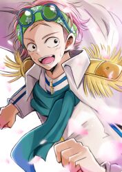 1boy absurdres bandana blue_scarf coat glasses green_bandana highres koby_(one_piece) long_sleeves military military_uniform navy one_piece open_mouth pink_hair running scar scarf shirt solo sweat user_sjxt3357 white_background white_coat white_shirt