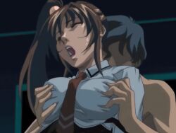 00s 1boy 1girl 2006 animated animated_gif bible_black bible_black_only black_thighhighs breasts brown_hair buttons closed_eyes forced grabbing_another&#039;s_breast grope_from_behind groping hair_ornament imari_kurumi large_breasts lowres miniskirt necktie open_mouth panties rape school_uniform shirt skirt standing striped_clothes striped_panties tagme thighhighs underwear white_shirt zettai_ryouiki