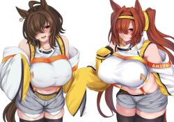 2girls agnes_tachyon_(umamusume) ahoge animal_ears black_thighhighs blush breasts brown_eyes brown_hair cosplay crop_top daiwa_scarlet_(umamusume) elegg_(nikke) elegg_(nikke)_(cosplay) fang frown gloves goddess_of_victory:_nikke hair_over_one_eye hairband highres hisagi_(hisagi00) horse_ears horse_girl horse_tail jacket large_breasts long_hair medium_hair midriff multiple_girls navel nut_(hardware) nut_hair_ornament off-shoulder_jacket off_shoulder one_eye_covered open_clothes open_jacket open_mouth pink_eyes plump short_shorts shorts smile standing suspender_shorts suspenders tail thick_thighs thighhighs thighs twintails umamusume white_background
