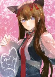 1girl animal_ears blue_eyes brown_hair cat_ears fingernails frills hair_between_eyes hair_ribbon halftone heart highres huke long_hair maid maid_headdress makise_kurisu mayqueen_maid_uniform necktie official_art red_necktie ribbon solo steins;gate steins;gate:_my_darling&#039;s_embrace tray waitress