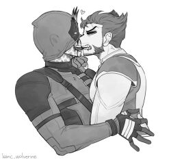 2boys animification beard biting_another&#039;s_tongue bleeding blood bloody_weapon bodysuit claw_(weapon) clenched_hand deadpool deadpool_&amp;_wolverine deadpool_(series) eye_contact facial_hair gloves hashtag-only_commentary heart highres impaled k4nc_wolverine kiss looking_at_another male_focus marvel marvel_cinematic_universe mask mask_lift mature_male monochrome multiple_boys muscular muscular_male pectorals scar scars_all_over short_hair stab superhero_costume teeth tongue too_many twitter_username veins violence weapon wolverine_(x-men) x-men yaoi