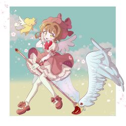 1girl absurdres border bow brown_hair cardcaptor_sakura dress footwear_bow full_body glove_bow gloves green_eyes hareeangkki highres kero_(cardcaptor_sakura) kinomoto_sakura mary_janes open_mouth pink_dress puffy_short_sleeves puffy_sleeves riding shoes short_sleeves solo white_border white_gloves white_wings wings
