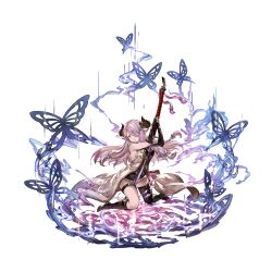 1girl belt between_breasts between_legs blue_eyes boots breasts bug butterfly draph gloves granblue_fantasy hair_ornament hairclip hairpin high_heels horns insect katana large_breasts leg_belt long_coat long_hair narmaya_(granblue_fantasy) official_art pink_hair pointy_ears sheath sitting solo sword thigh_strap transparent_background weapon