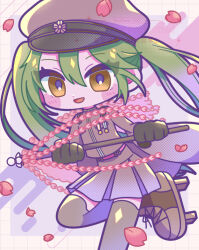 Rule 34 | 1girl, brown eyes, cherry blossoms, chibi, green hair, hat, hatsune miku, holding, long hair, looking at viewer, medal, military hat, military uniform, open mouth, satome (min), senbonzakura, senbonzakura (vocaloid), skirt, smile, solo, thighhighs, twintails, very long hair, vocaloid