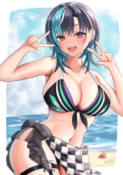 1girl absurdres aqua_hair bare_arms beach bikini black_bikini black_hair blush braid breasts checkered_clothes cleavage cloud collarbone curvy day double_v hermit_crab highres hololive hololive_dev_is kouyuki_umika large_breasts long_hair looking_at_viewer mole mole_on_neck multicolored_hair navel open_mouth outdoors red_eyes rindo_chihaya sarong see-through_clothes see-through_sarong smile standing swimsuit teeth thigh_strap upper_teeth_only v virtual_youtuber white_hair