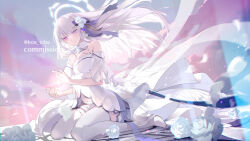 1girl breasts cloud commentary commission dress floating_hair flower grey_hair hair_flower hair_ornament halo heterochromia highres koa_tcbs large_breasts long_hair original outdoors purple_eyes rose shorts sitting skeb_commission smile solo thighhighs twitter_username wariza white_dress white_flower white_hair white_halo white_rose white_shorts white_thighhighs