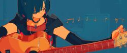 Rule 34 | 1girl, amplifier, black choker, black hoodie, blue background, blue eyes, blue hair, choker, closed mouth, detached sleeves, diamond earrings, earbuds, earphones, earrings, expressionless, fagun yibei, guitar, highres, holding, holding guitar, holding instrument, hood, hood down, hoodie, instrument, jewelry, kamitsubaki studio, looking to the side, multicolored eyes, musical note, pendant choker, red eyes, rim (kamitsubaki studio), short hair, sleeveless, sleeveless hoodie, solo, tuning instrument, upper body, virtual youtuber
