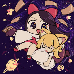 2girls absurdres animal_ear_fluff animal_ears banknote black_hair blonde_hair blush bow brown_skirt closed_eyes commentary_request cookie_(touhou) dress forehead fox_ears fox_girl full_body hair_bow hakurei_reimu highres holding holding_wallet medium_hair miramikaru_riran money muimui_(4242564muimui) multiple_girls nose_bubble open_mouth pillow planet purple_background red_bow red_dress scarf shiromiya_rei shirt shooting_star single_sidelock skirt smile star_(symbol) star_in_eye swept_bangs symbol_in_eye touhou wallet white_scarf white_shirt