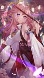 1girl breasts fingernails genshin_impact highres japanese_clothes light_blush long_hair miko nail_polish pink_eyes pink_hair smile solo solo_focus sylphynia twitter_username yae_miko