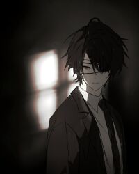 1boy absurdres black_hair black_jacket black_necktie closed_mouth collared_shirt eyepatch gum_sfr_03 highres jacket looking_to_the_side male_focus medium_hair necktie ooe_(game) red_eyes shinbashi_(ooe) shirt solo upper_body white_shirt window_shadow