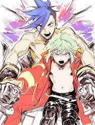 2boys belt black_gloves black_pants blue_eyes blue_hair collarbone collared_jacket commentary_request dot_nose eyelashes feet_out_of_frame galo_thymos gloves green_hair groin jacket koto_(gamelife506) lio_fotia looking_ahead male_focus mohawk multiple_boys navel open_clothes open_jacket open_mouth pants pink_eyes popped_collar promare red_jacket sitting teeth topless_male white_belt