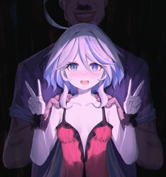 1boy 1girl :d black_wrist_cuffs blush breasts cleavage collarbone double_v drooling furina_(genshin_impact) genshin_impact grey_hair grin hands_on_another&#039;s_shoulders height_difference hetero highres lingerie long_hair open_mouth red_negligee sidelocks small_breasts smile underwear v very_long_hair wrist_cuffs yiran_kuxiao