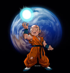1boy amartbee bald bald_male black_eyes blood dragon_ball earth_(planet) genki_dama highres kuririn muscular muscular_male nervous_sweating planet scratches solo surprised sweat sweatdrop torn_clothes
