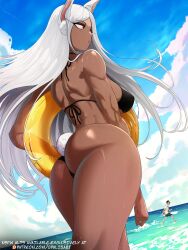 1boy 1girl ass beach bikini black_bikini blue_sky boku_no_hero_academia breasts dark-skinned_female dark_skin day from_behind highres holding holding_swim_ring innertube large_breasts long_hair mirko ocean opalis outdoors rabbit_girl rabbit_tail red_eyes sky solo_focus swim_ring swimsuit tail very_long_hair water white_hair