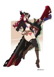 1girl alternate_costume american_flag american_flag_print belt bikini black_hat black_shirt black_thighhighs blue_eyes boots bracelet breasts brown_belt brown_boots chasca_(genshin_impact) cleavage commentary english_commentary flag_print full_body genshin_impact gun hair_over_one_eye hand_on_own_hip hat holding holding_gun holding_weapon ibispaint_(medium) jewelry knee_boots large_breasts long_sleeves looking_at_viewer open_clothes open_shirt parted_lips pointy_ears red_hair rifle shirt solo standing standing_on_one_leg swimsuit thighhighs torn_clothes torn_thighhighs weapon yayo_the_jowen