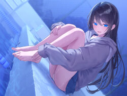 1girl :d barefoot black_hair blue_eyes blue_skirt blurry blurry_background chain-link_fence feet fence grey_hoodie hair_between_eyes highres hood hoodie jfjf knees_up long_hair long_sleeves looking_at_viewer night open_mouth original outdoors panties pleated_skirt pool pool_ladder poolside school_uniform sitting skirt smile solo thighs toes tree underwear variant_set white_panties