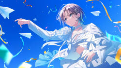 Rule 34 | 1girl, absurdres, asakura toru, earrings, flower, gradient hair, hands up, highres, idolmaster, idolmaster shiny colors, jewelry, long sleeves, multicolored hair, official art, open clothes, paper airplane, ribbon, rose, shirt, sky, white flower, white rose, white shirt