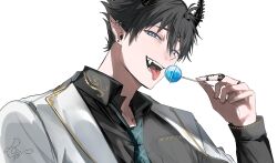 1boy arm_out_of_sleeve black_hair black_shirt blazer blue_eyes candy dow_suitable dress_shirt ear_piercing earrings fangs food gradient_eyes green_necktie hair_between_eyes half-closed_eyes highres holding holding_candy holding_food holding_lollipop horns jacket jewelry lollipop long_sleeves looking_at_viewer male_focus multicolored_eyes multiple_rings nape necktie nijisanji nijisanji_en open_mouth piercing pointy_ears ren_zotto ren_zotto_(1st_costume) ring shirt simple_background solo stud_earrings tongue tongue_out virtual_youtuber white_background white_jacket