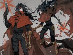 1boy black_hair black_pants black_shirt cheseely cloak commentary covered_mouth english_commentary final_fantasy final_fantasy_vii frown grey_background gun handgun headband highres holding holding_gun holding_weapon long_hair looking_ahead looking_to_the_side male_focus multiple_views pants red_cloak red_eyes red_headband shirt vincent_valentine weapon