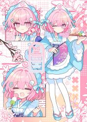 Rule 34 | 1girl, :3, :d, apron, blue kimono, blue sandals, blue sash, blush, bright pupils, closed eyes, closed mouth, commentary, dango, food, frilled apron, frilled kimono, frills, full body, hair between eyes, hand up, hands up, heart, highres, holding, holding food, holding tray, index finger raised, japanese clothes, kimono, long sleeves, looking at viewer, maid headdress, multiple views, open mouth, pantyhose, pink eyes, pink hair, qr code, saigyouji yuyuko, sandals, sash, shirocha tei, short hair, smile, sparkle, standing, symbol-only commentary, touhou, tray, triangular headpiece, twitter username, wagashi, watermark, white apron, white pantyhose, white pupils, wide sleeves