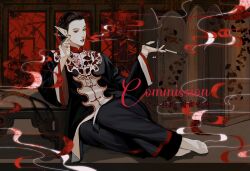Rule 34 | 1girl, architecture, baldur&#039;s gate, baldur&#039;s gate 3, black hair, black pants, cazador szarr, chinese clothes, commission, dungeons & dragons, dungeons &amp; dragons, east asian architecture, eyeshadow, folding screen, genderswap, genderswap (mtf), highres, holding, holding smoking pipe, ichijo (cyxxx123), long sleeves, makeup, mandarin collar, pale skin, pankou, pants, red eyes, red lips, red nails, sitting, smoking pipe, solo, table, wide sleeves, yunjian