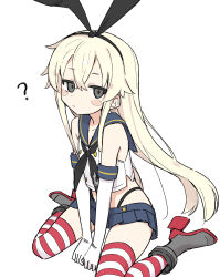 1girl ? animal_ears arms_between_legs black_hairband black_neckerchief blonde_hair blue_sailor_collar blue_sky blush_stickers boots closed_mouth commentary elbow_gloves fake_animal_ears fusazakura gloves grey_boots grey_eyes hair_between_eyes hairband high_heels highleg highleg_panties highres jitome kantai_collection light_frown long_hair looking_at_viewer miniskirt neckerchief panties rabbit_ears red_thighhighs sailor_collar school_uniform shimakaze_(kancolle) shirt simple_background sitting skirt sky solo striped_clothes striped_thighhighs thighhighs underwear v_arms very_long_hair wariza white_background white_gloves white_shirt white_thighhighs zettai_ryouiki