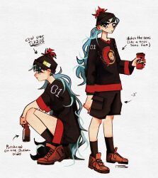 1girl arrow_(symbol) beanie beer_bottle black_hat black_nails black_shirt black_shorts black_socks blue_hair bottle canada closed_mouth commentary cup disposable_coffee_cup disposable_cup english_commentary english_text french_text hat hatsune_miku highres holding holding_bottle holding_cup jersey long_hair mrpilo28 multiple_views ottawa_senators red_footwear shirt shoes shorts simple_background sneakers socks squatting tim_hortons translated vocaloid white_background worldwide_miku