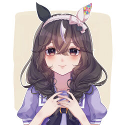 1girl absurdres ahoge animal_ears blush braid breasts brown_eyes brown_hair commentary_request curren_bouquetd&#039;or_(umamusume) hair_between_eyes hair_ornament highres horse_ears horse_girl looking_at_viewer low_twin_braids portrait ri_ri_0818 school_uniform simple_background small_breasts smile tracen_school_uniform twin_braids twitter_username umamusume