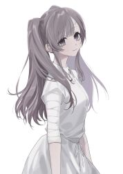 1girl arms_at_sides bandaged_arm bandages bandaid bandaid_on_arm bandaid_on_face bandaid_on_forehead breasts closed_mouth collared_dress commentary_request cowboy_shot dress from_side grey_hair head_tilt highres idolmaster idolmaster_shiny_colors long_hair looking_at_viewer looking_to_the_side medium_breasts purple_eyes sa_tsuko short_sleeves sidelocks simple_background solo swept_bangs turning_head twintails white_background white_dress yukoku_kiriko